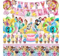 62PCS Disne Princess Party Supplies, Birthday Decorations Set Include Banner, Balloons, Backdrop, Cupcake Toppers, Tablecloth, Hanging Swirls for Kids Princess Theme Birthday Party