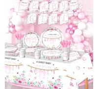 62PCS Girl Baptism party Tableware Plates Reusable Romance Pink Flower Banner Tableware Set Birthday Party Decorations Theme Dinner Paper Plates Napkins Cups Tablecloth Party Baby Baptism Decor