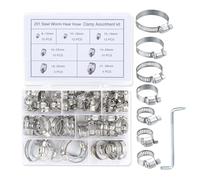 62PCS Jubilee Clips Assorted, Stainless Steel Pipe Clamps | 201 Stainless Steel Clamp Kit, 62PCS 8-38mm in 7 Sizes with Storage Case and Screwdriver,Automotive & Mechanical Use