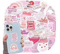 62Pcs Pink Book Stickers, Waterproof Vinyl Sticker Heart Shape Pink Sticker Aesthetic Reading for Kindle Scrapbook Water Bottles Book Laptops