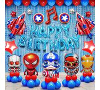 62Pcs Superhero Birthday Party Decorations, Adult Kids Party Packs with Happy Birthday Banner, Superhero Balloons, Shield Rocket Music Notes Round Star Balloons, Foil Fringe Curtains