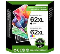 62XL 62 XL Ink Cartridge Black and Colour Replacement for HP 62 62XL Ink Cartridges Twin Pack for Envy 5540 5541 5542 5543 5544 5545 5546 OfficeJet 200 250 5740 5742 5744 (1 Black, 1 Tri-colour)