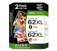 62XL Ink Cartridges High Yield Compatible for HP 62 62XL,1Black 1Tri-Colour