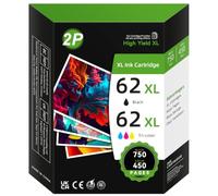 62XL Ink Cartridges Twin Pack, High Yield Replacement for HP 62 Ink Cartridges, Compatible with HP Envy 5540 5640 5660 7640 and OfficeJet 200 250 5740 8040 Printers, Black and Tri-Colour