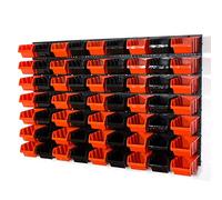 63 black and orange M size storage bins with wall mounted panel