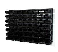 63 black M size storage bins with wall mounted panel