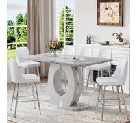 63'' Modern Marble Dining Table Set for 6 Grey Counter Height Table with Leather Bar Stools Ideal for Kitchen Dining Room Pub High Top Dining Experience