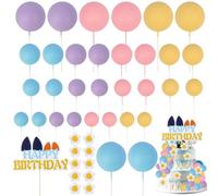 63Pcs Birthday Cake Decorations Daisy Rainbow Ball Cake Toppers Pastel Cupcake Toppers Cake Decorations for Birthday Party Supplies
