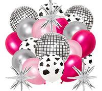 63Pcs Cow Print and Disco Ball Balloons - 4D Metallic Mirror Foil with Explosion Star for Western Cowgirl Theme Party Decorations