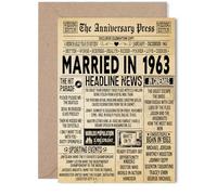63rd Anniversary Card for Women Men - Vintage Newspaper Married in 1963-63 Year Wedding Anniversary Card for Wife Partner Husband Companion, 5x7 Inch Anniversaries Greeting Cards