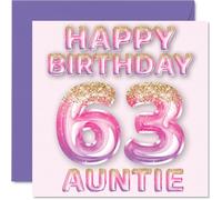 63rd Birthday Card for Auntie - Pink & Purple Glitter Balloons - Happy Birthday Cards for 63 Year Old Aunt Aunty from Nephew Niece, 145mm Bday Greeting Cards Gift