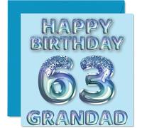 63rd Birthday Card for Grandad - Blue Glitter Party Balloons - Happy Birthday Cards for 63 Year Old Grandad from Grandson Granddaughter, 145mm Bday Greeting Cards Gift