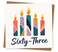 63rd Birthday Card for Her, 5 Bright Candles, Sixty-Three | Five tall patterned candles above bold hand-lettered “Sixty-Three” script; a bright, modern 63rd birthday card for her.