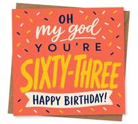 63rd Birthday Card for Her, Cheeky Confetti Quote | For her 63rd, colourful confetti and the phrase “Oh my god you’re sixty-three” in bold, playful lettering.