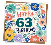 63rd Birthday Card for Her, Floral Border & Bold Centre Text | A lively floral border frames the centre ‘Happy 63rd Birthday’ message-bright, happy milestone design for her.