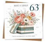 63rd Birthday Card for Her, Floral Gift Box, Have a Lovely | Watercolour blooms bursting from a striped gift box, with “Have a Lovely 63rd” and “You’re so special in so many ways”.