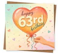 63rd Birthday Card for Her, Heart Balloon & Pastel Confetti | 'happy 63rd birthday' message on a heart-shaped balloon, with pastel confetti for a special 63rd for her.