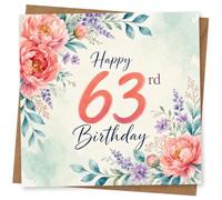63rd Birthday Card for Her, Pink Blooms & Purple Wildflowers | ‘Happy 63rd Birthday’ in elegant script, with soft pink blooms, purple wildflowers and leafy sprigs for her.