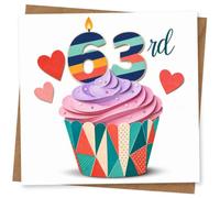 63rd Birthday Card for Her, Striped Cupcake, Candle & Hearts | Cheerful striped cupcake artwork with a candle-style number 63 and heart details to mark her 63rd birthday in style.
