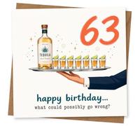 63rd Birthday Card for Her, Tequila Bottle and Lined Shots | Bring on her 63rd with tequila, a row of shots with lime wedges and the mischievous line “what could possibly go wrong?”