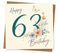 63rd Birthday Card for Her, Turquoise 63, Florals & Butterfly | Large turquoise 63 with floral sprays, butterfly detail and handwritten ‘Happy Birthday’ message to celebrate her 63rd.