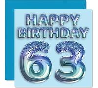 63rd Birthday Card for Men - Blue Glitter Party Balloon - Happy Birthday Cards for 63 Year Old Man Uncle Grandad Dad Grandpa Gran, 145mm Bday Greeting Cards Gift