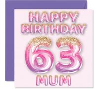 63rd Birthday Card for Mum - Pink & Purple Glitter Balloons - Happy Birthday Cards for 63 Year Old Mum Mother from Son Daughter, 145mm Bday Greeting Cards Gift