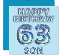 63rd Birthday Card for Son - Blue Glitter Party Balloons - Happy Birthday Cards for 63 Year Old Son from Mum Dad Parents, 145mm Bday Greeting Cards Gift