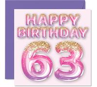 63rd Birthday Card for Women - Pink & Purple Glitter Balloons - Happy Birthday Cards for 63 Year Old Woman Mum Nanny Grandma Gran Auntie, 145mm Bday Greeting Cards Gift