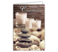 64-1045 Sincere Condolence Map White Candles Pebbles Sea Beach Wooden Background