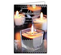 64-1071 Sincere Sympathy Card with White Envelope - Death and Mourning - Silver Text That Shines Our Thoughts Accompany You Candles - Made in France