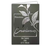 64-1075 Sincere Sympathy Card with White Envelope - Death and Mourning - Silver Text Shining Courage Proof Branch Leaves Tree - Made in France