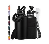 64/128 oz Water Bottle with Straw & Spout Lids, Keep Cold 48H, Half Gallon Insuated Water Bottle with Paracord Handle & Carrier Bag, 1/2 Gal Water Jug Stainless Steel Metal Flask for Man Woman Gym
