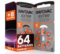 64 Hearing Aid Batteries Size 13 Rayovac (Orange) PR48 Zinc-Air with Sound Fusion Technology + 8 Udivita - 8+1 Blisters of 8 Batteries