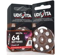 64 Hearing Aid Batteries Size 312 Udivita (Brown) PR41 Zinc-Air with Phono Pulse Technology - 8 Blisters of 8 Batteries