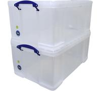 64 Litre Really Useful Plastic Storage Box with Lid, Pack of 2; Clear Stackable Durable Material Spacious Capacity
