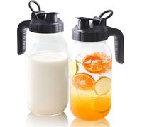 64 Oz Glass Pitcher With Lid Half Gallon Mason Sun Tea Jar Wide Mouth Iced Hot Water Pitcher 2 Quart Fridge Jug For Beverage,Tea, Coffee, Lemonade, Juice, Cold Brew,Milk Container Leakproof -2 Set