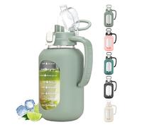 64 oz Glass Water Bottle Pitcher with Lid and Handle Half Gallon Water Bottle with Time Marker Large Water Bottle with Silicone Sleeve for Coffee, Juice Homemade Beverages