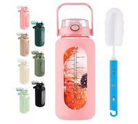 64 oz Glass Water Bottle with 2-in-1 Straw Lid Large Half Gallon Water Bottle with Time Marker & Removable Silicone Sleeve,Wide Mouth BPA-Free Borosilicate Bottle for Gym, Workout & Daily Use