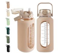 64 oz Glass Water Bottle with 2-in-1 Straw Lid Large Half Gallon Water Bottle with Time Marker & Removable Silicone Sleeve,Wide Mouth BPA-Free Borosilicate Bottle for Gym, Workout & Daily Use