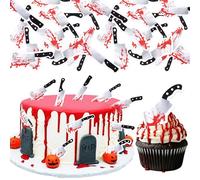 64 Pack Edible Halloween Knife Cupcake Toppers Wafer Paper Scary Bloody Knife Cupcake Picks Killer Birthday Cupcake Decorations Scary Bloody Knife for Halloween Party Cake Decorations Supplies