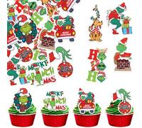 64 Pack Edible Merry Christmas Cupcake Toppers Green Monster Drink Up Hand Cupcake Picks Edible Dog HoHoHo Grass Circle Car Cake Decorations for Merry Christmas Theme Xmas Holiday Party Supplies