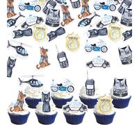 64 Pack Edible Police Cupcake Toppers Double Sided Cupcake Picks Helicopter Car Dog Badge Uniform Gun Policeman Cupcake Decoration for Police Theme Birthday Party Cake Decorations Supplies