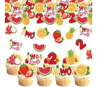 64 Pack Edible Tutti Frutti Cake Toppers Wafer Paper Summer Fruit 2nd Birthday Cupcake Toppers Summer Watermelon Lemon Cake Decorations for Fruit Theme Two Years Old Birthday Party Supplies