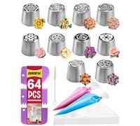 64 Pcs Stainless Steel Russian Piping Tip Set, 10 Flower Nozzles Baking for Flower Decorations: Roses, Tulips, Marshmallow Buttercream Bouquets, Cake Decorating Supplies for Wedding