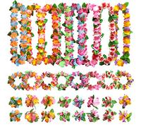 64 Pieces Hawaiian Leis Party Decorations, Flower Necklace Flowers Bracelets Headband, for Tropical Party Theme Beach Night Bar Beach Vacation