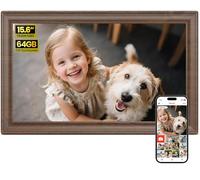64GB 15.6" Frameo Digital Photo Frame WiFi Dark Wood - 1920 * 1080P FHD IPS Touch Screen Large Electronic Picture Frames, Auto Rotate, Wall Mountable, Sharing Photos and Videos