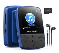 WOLFANG 64GB MP3 Players with Bluetooth 5.3, Sports Clip, Mini Size, Weigh 1 oz, HiFi Speaker FM Radio, Voice Recorder, Earphones included
