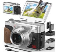 64MP 5K Digital Camera for Photography & YouTube Vlogging - 18X Zoom UHD Autofocus Video Camera with 3" 180° Flip Screen, 32GB SD Card & 2 Batteries - Compact Travel(Silver)