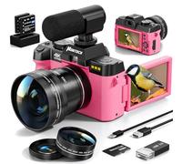 64MP Digital Camera for Photography and Video,4K 64MP Vlogging Camera for YouTube with 180° Flip Screen,16X Digital Zoom,52mm Wide Angle,Leather Hold & Strap, 2 Batteries, 32GB TF Card (Pink)